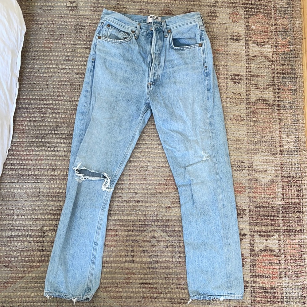 Agolde straight leg jeans with knee rip